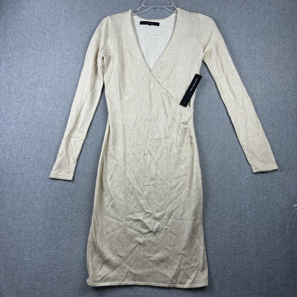 Marc New York Dress Womens Small Gold Metallic Long Sleeve Wrap Shimmer Party